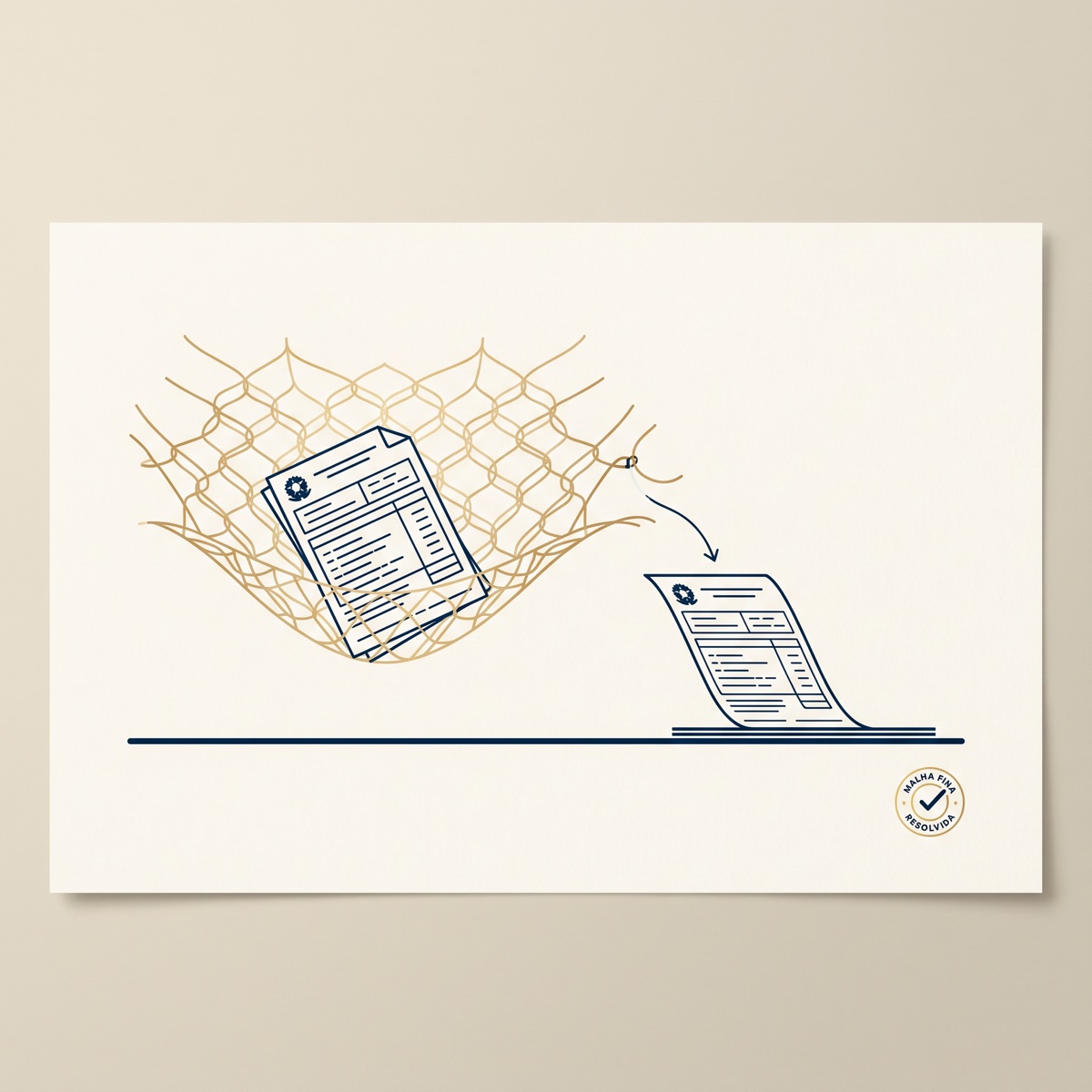 Ilustração em traço fino: um formulário preso numa rede de pesca dourada e, saindo dela por uma seta, um documento limpo de pé sobre uma linha reta, com um selo escrito 'malha fina resolvida' no canto