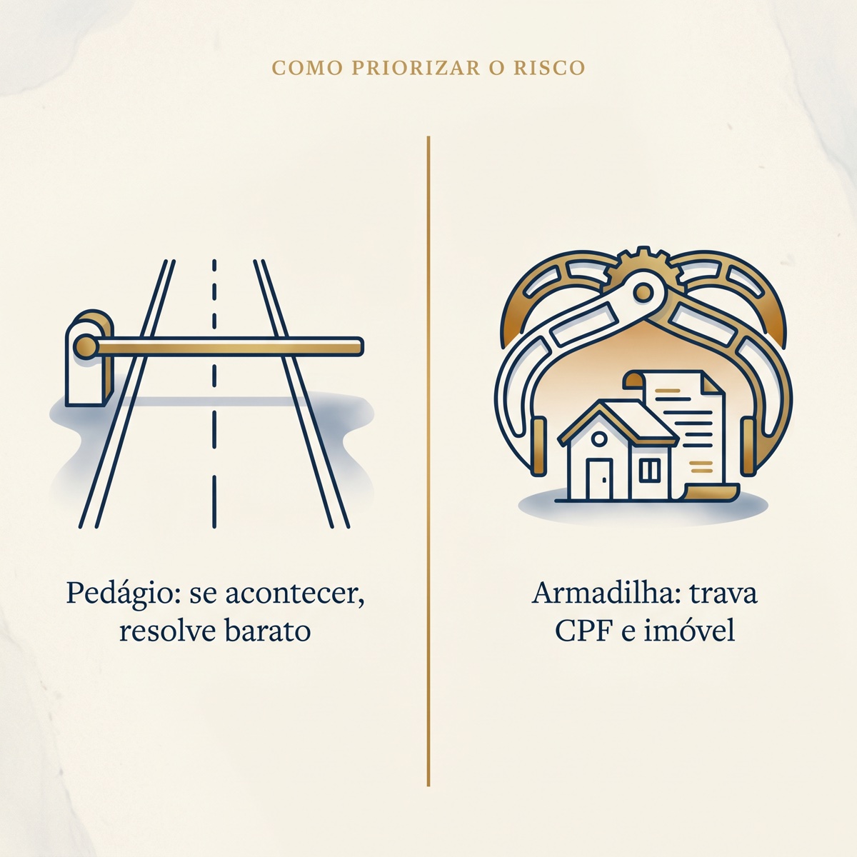 Infográfico da marca comparando dois tipos de risco: o pedágio, que se resolve barato com multa de mora, e a armadilha, que trava CPF e venda de imóvel
