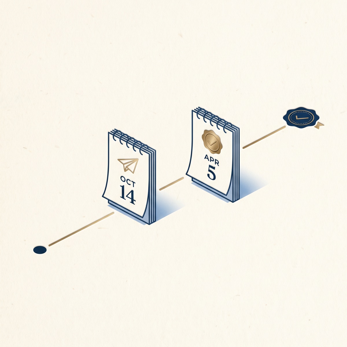Ilustração com dois calendários lado a lado: um marca o dia da mudança física e o outro, meses depois, a data em que a Receita passa a te tratar como não residente